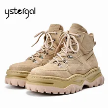 Ystergal/Замшевые женские ботильоны; женская обувь на платформе со шнуровкой; ботинки для верховой езды; обувь на плоской подошве; коллекция года; теплые зимние ботинки на меху