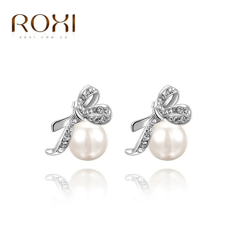 

ROXI New Fashion Jewelry White gold Color Color Statement Bowknot Pearls Stud Earrings For Women Party Wedding Free Shipping