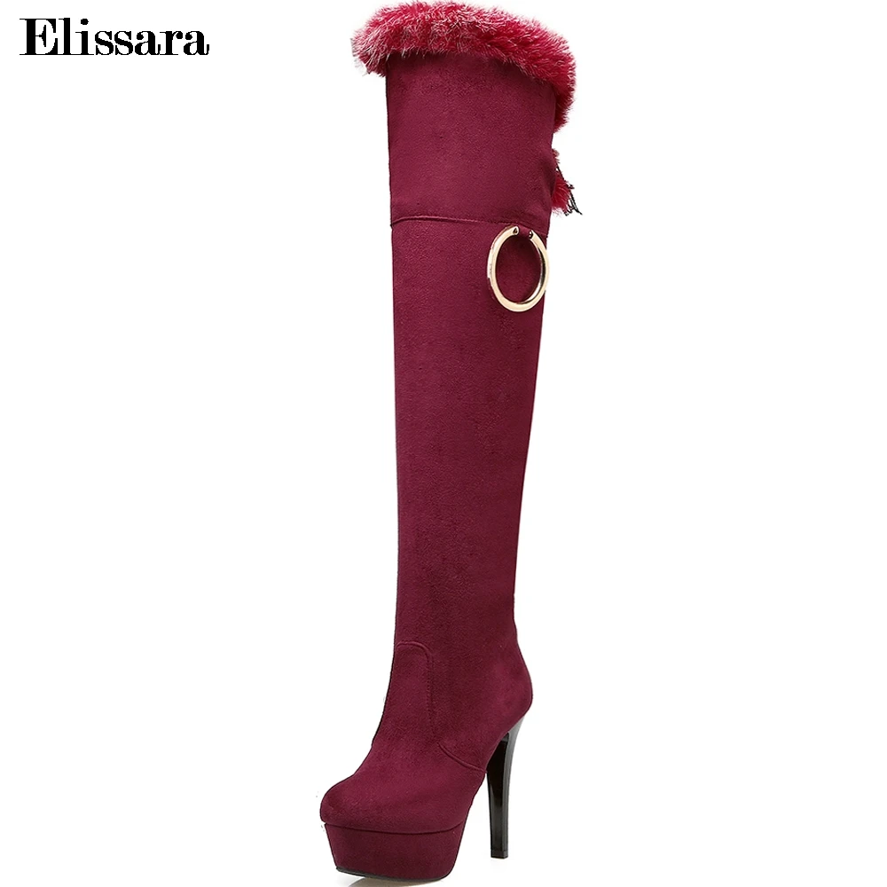 

Elissara Women High Heels Over Knee Boots Women Winter Warm Thigh Heels Boots Ladies Round Toe Platform Shoes Plus Size 34-43