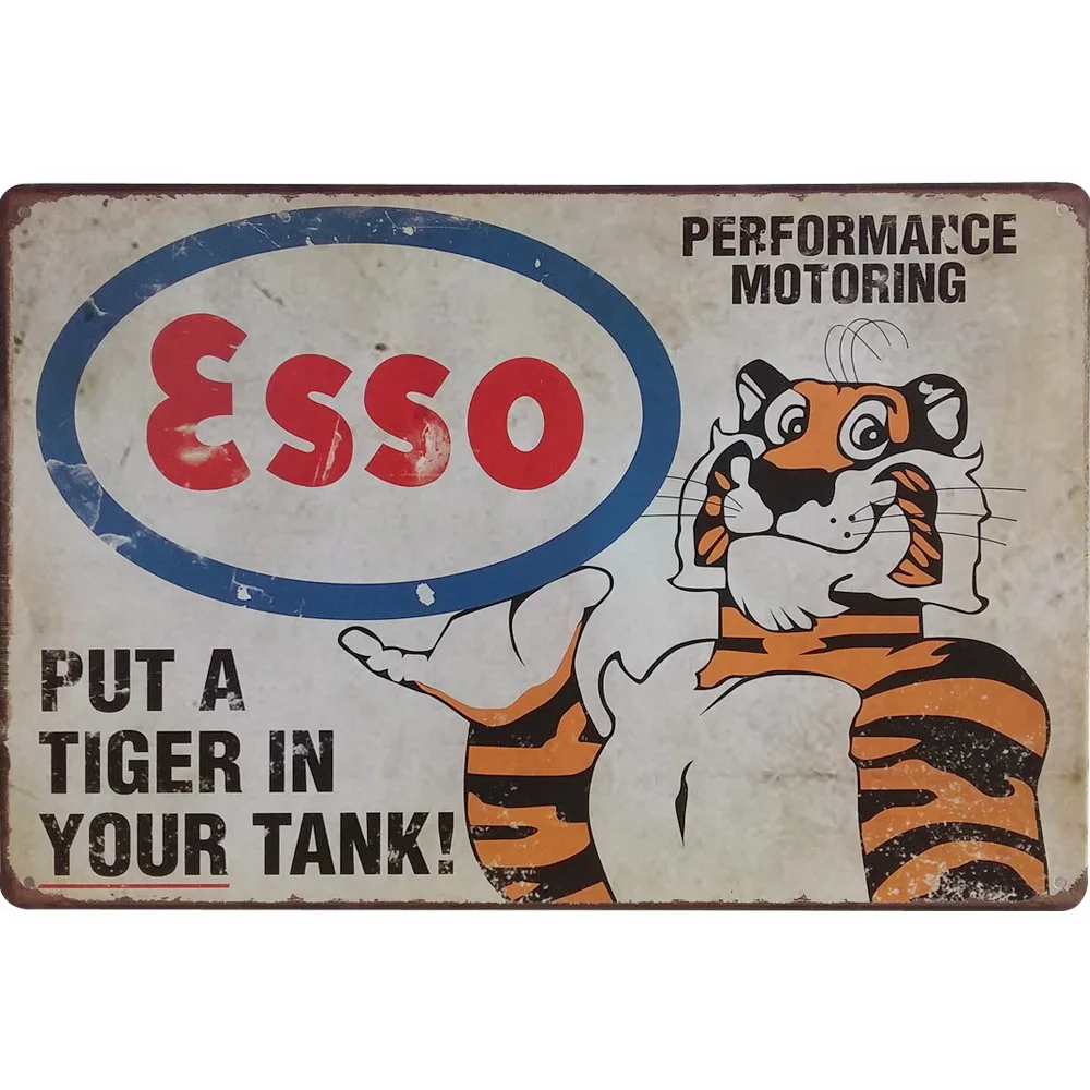 Неоновая металлическая вывеска Ретро Esso Tiger Декор Оловянная табличка ChicGasoline пластина американский стиль винтажный автомобиль гараж прямоугольник плакат 20x30 см