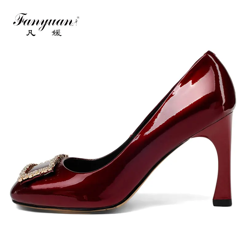 

Fanyuan Rhinestone Decoration Women Hoofs Heels Luxury Genuine Leather Pumps Elegant Pointed Toe Crystal Buckle dress shoes
