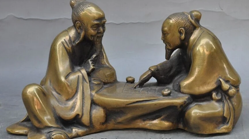 

8" Chinese Classic Bronze Old Man Chess Chessboard Chessman God Statue Sculpture