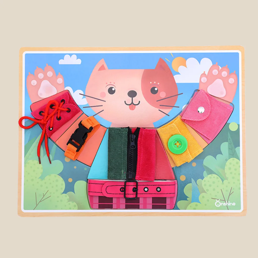 Early Basic Life Skills Toys Montessori Learn to Dress Cat Boards Puzzle  Zip Snap Button Lace Tie Educational Baby Toddlers Toy