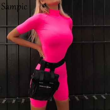 

Sampic summer casual high street bodycon neon green romper short sleeve skinny rompers women short jumpsuit