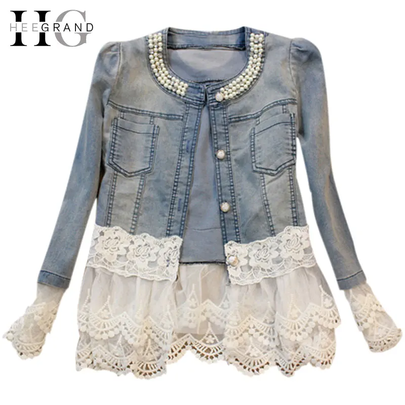 HEE GRAND Jeans Jacket Women Casacos Feminino Slim Lace Patchwork Beading Denim Lady Elegant Vintage Jackets Coat DropshipWWJ084