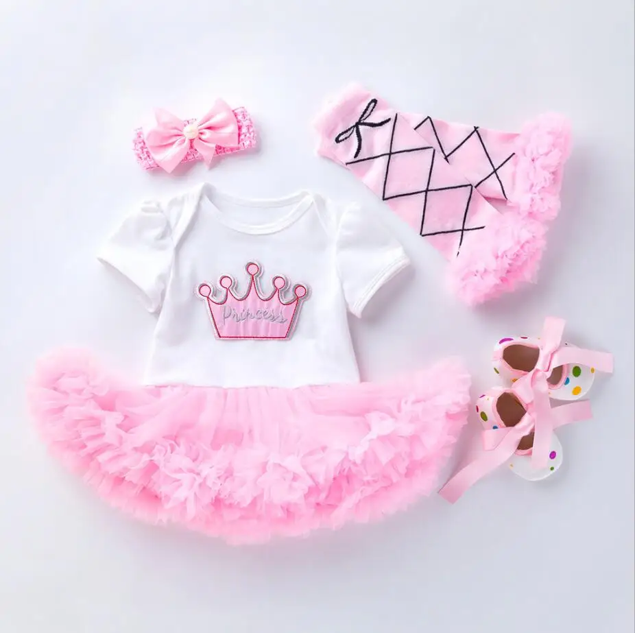 Комплект из 4 предметов, розовое нарядное платье для маленьких девочек с короной, 1-2 года, праздничное платье для дня рождения, костюм принцессы с короной, повязка на голову, легинсы для детей 0-24 месяцев