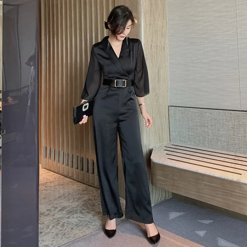 

Summer Deep V Neck Mesh Patchwork Classy Rompers with Belt Workwear Jumpsuits Lady Elegant Black Wrap Bodice Wide Leg Jumpsuit