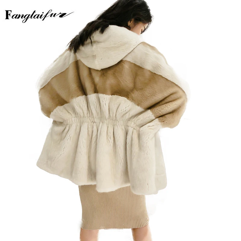 

Fang Tai Fur 2019 Women Import Velvet Mink Fur Coat With Fur Hood Patchwork Color Mink Coat Women's Medium Real Mink Fur Coats