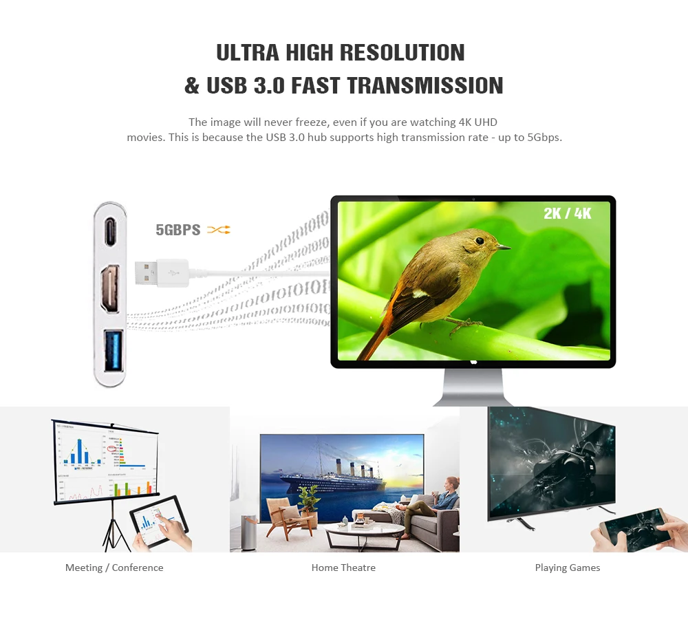 3 in 1 Type-C  4K HD HDMI USB 3.0 Hub Adapter