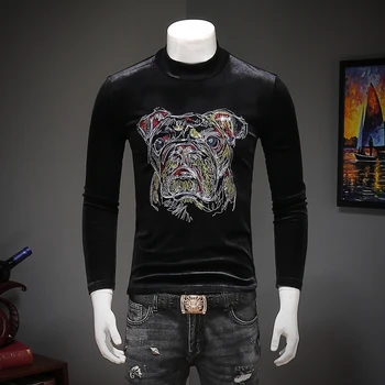 

Embroidered animal pattern fashion classic luxury long sleeve t shirt Autumn 2018 quality velvet soft elastic t shirt men M-4XL