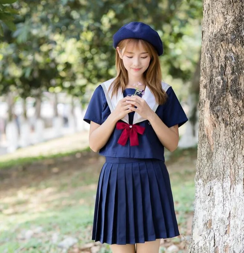 

Navy Blue JK Uniform Suit Girls Embroidery Cute Japanese Student Sailor Collar Top Pleated Skirt Set (NO HAT)