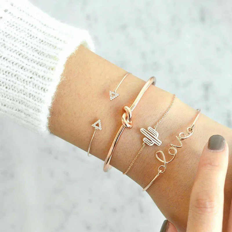 

Ckysee 4pcs/1set Gold Color Cactus Letter Knot Bangle &Bracelet Bohemian Geometric Metal Chain Bracelet Statement Jewelry