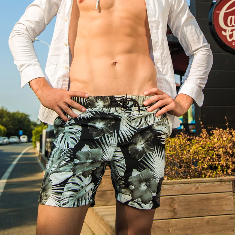 

SD616 Black ink floral print swimwear men summer beach leisure shorts board briefs men swimsuit sunga male swim trunk boxers