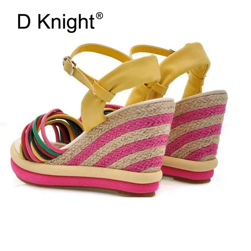 Gladiator Sandals Women 2018 Summer Bohemia Color Block Women Wedges Sandals Straw Braid Platform Wedge High Heel Women Sandals  (7)