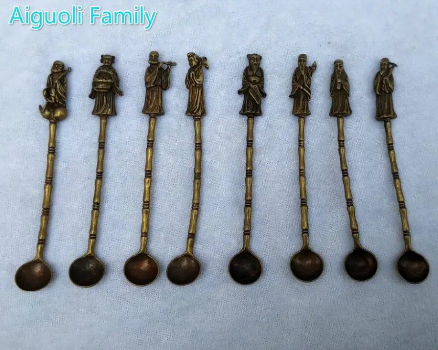 

8 Piece/set!!! Collectibles Chinese Old Bronze Carved 8 immortals Small Spoon Statue