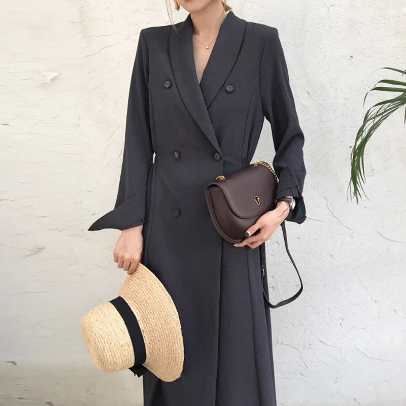 Korean Style 2018 Spring Women Blazers Solid Elegant Extra Long Double Breasted Slim Women Blazer and Jackets femme AO530