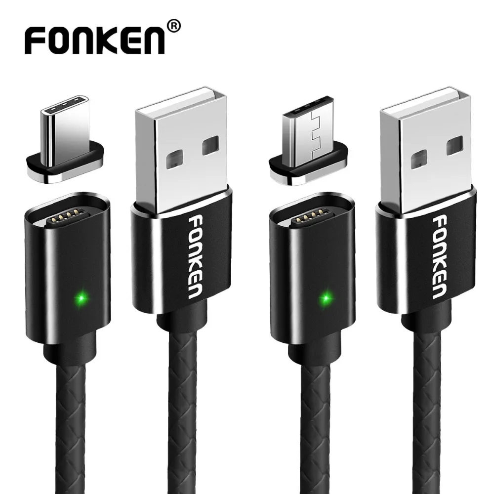 FONKEN 2 в 1 кабель type-C Магнитный кабель Магнит Micro USB кабель 2.4A светодиодный кабель для быстрой зарядки кабель для синхронизации данных для мобильного телефона