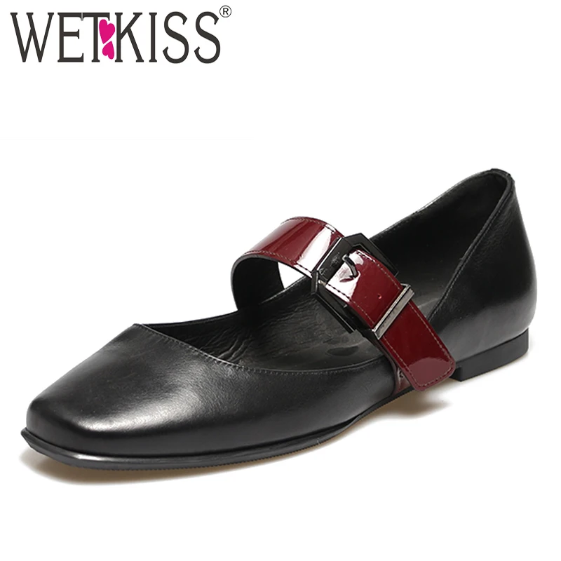 

WETKISS Genuine Leather Flats Women Buckle Square Toe Footwear Casual Shoes Female Mary Jane Girl Shoes Woman 2019 New Summer