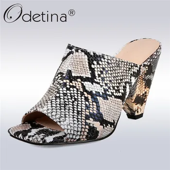 

Odetina Fashion Women Snakeskin High Heel Sandals Open Toe Slip On Mules Strange Heel Slingbacks Summer Party Shoes Big Size 44