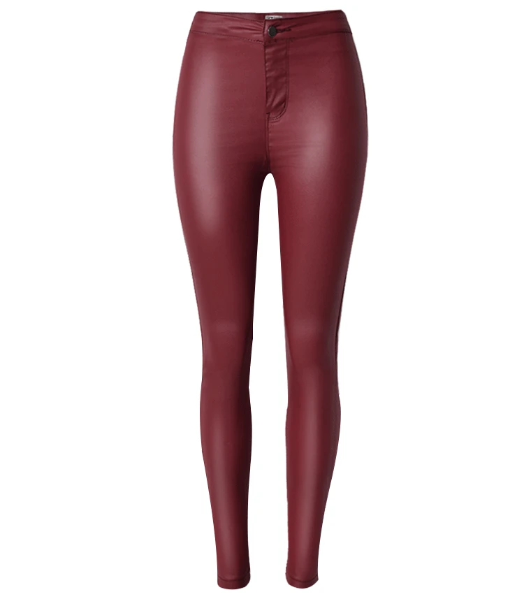 Брюки с высокой талией винно-красные обтягивающие узкие брюки из искусственной кожи, длинные брюки с покрытием, растягивающиеся модные сексуальные женские брюки - Цвет: Wine Red