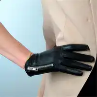 Genuine Leather Women Gloves Female Five Finger Sheepskin Gloves Short Style Fashion Elegant Zipper Design Black Red Color TB10