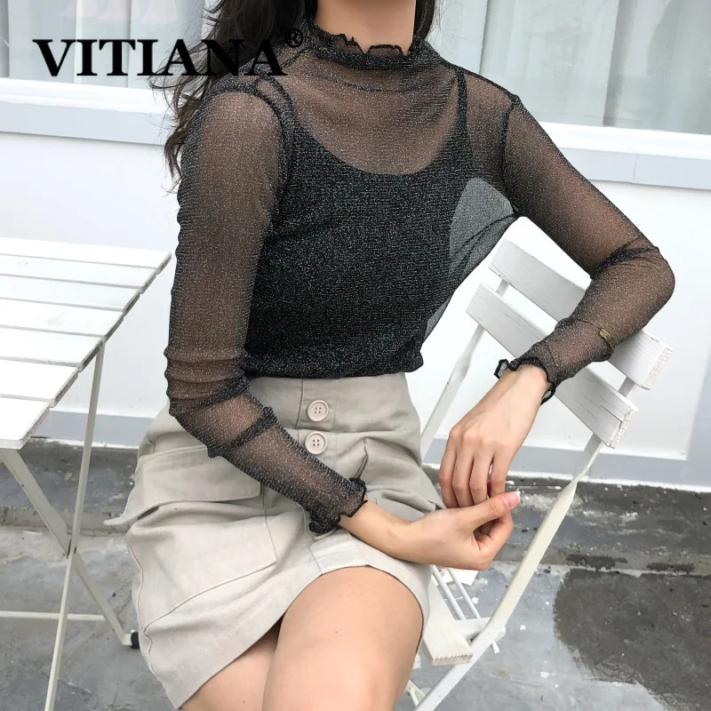 

VITIANA Women Sexy Mesh Tops Two Pieces Beach Summer 2019 Female Black Tank Camis Long Sleeve Tees Ladies Streetwear Clothes