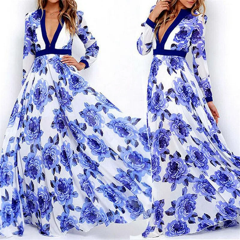 Women's Boho Floral Chiffon Summer Party Evening Beach Long Maxi Dress Sundress Vestito Lungo New Fashion Sukienka