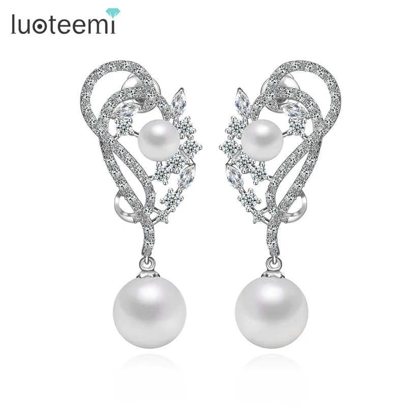 

LUOTEEMI Brand Luxury Earrings AAA Zircon Flower Shape Bridal Earrings Wedding Imitation Pearl Drop Earrings White Gold-Color