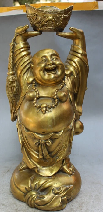 

JP S0114 18" Chinese Brass Happy Maitreya Buddha Carried Dragon Phoenix YuanBao Statue