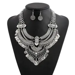 Bohemian Coin Tassel Statement Jewelry Set with Choker Necklace and Drop Earrings (Antique Silver)