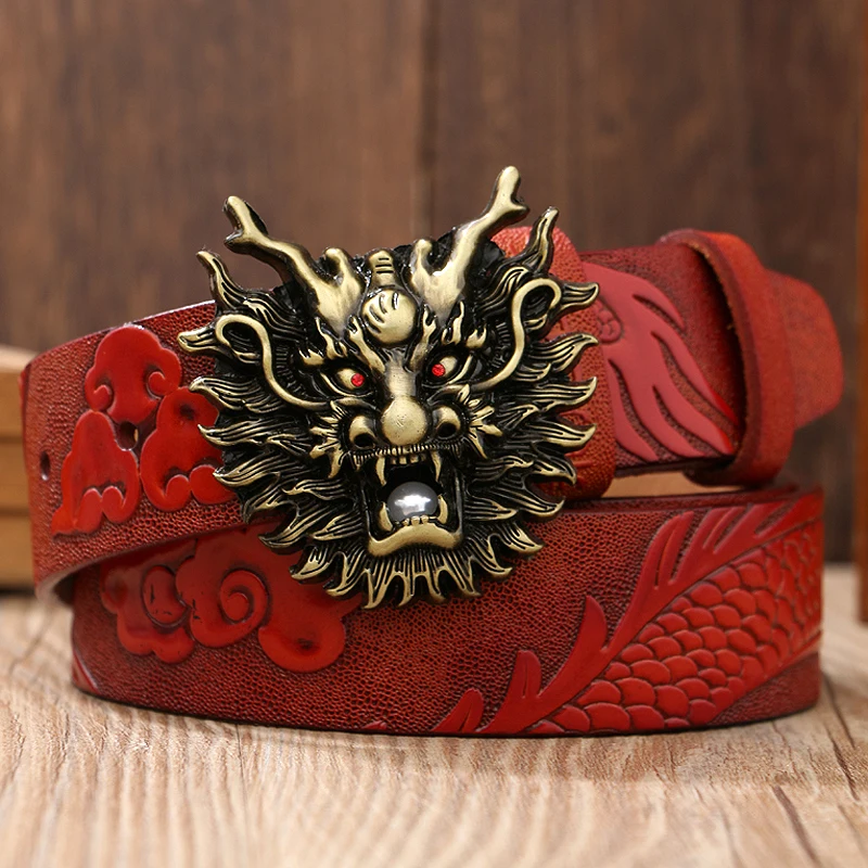 

New Fashion Casual Men's Leather Belt Top Quality Dragon Buckle Cow Leather Male Strap Smooth Buckle Retro Dress Belt For Men