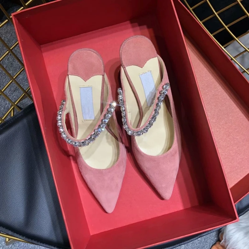 

Women Summer High Heels Mules Slippers Ladies Pointed Toe Strange Style Crystal Outside Shoes Flock Woman Fashion Footwear