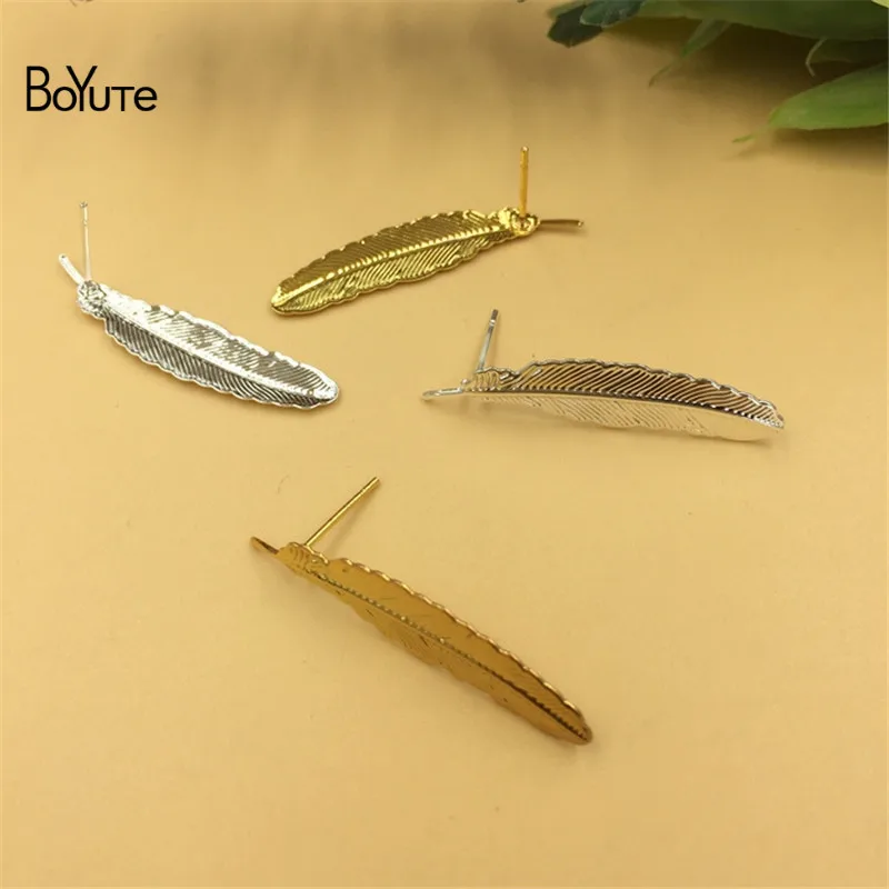 BoYuTe 20Pcs 5212MM Feather Metal Copper Silver Plated Ear Stud Diy Women Accessories Parts Supplies for Jewelry