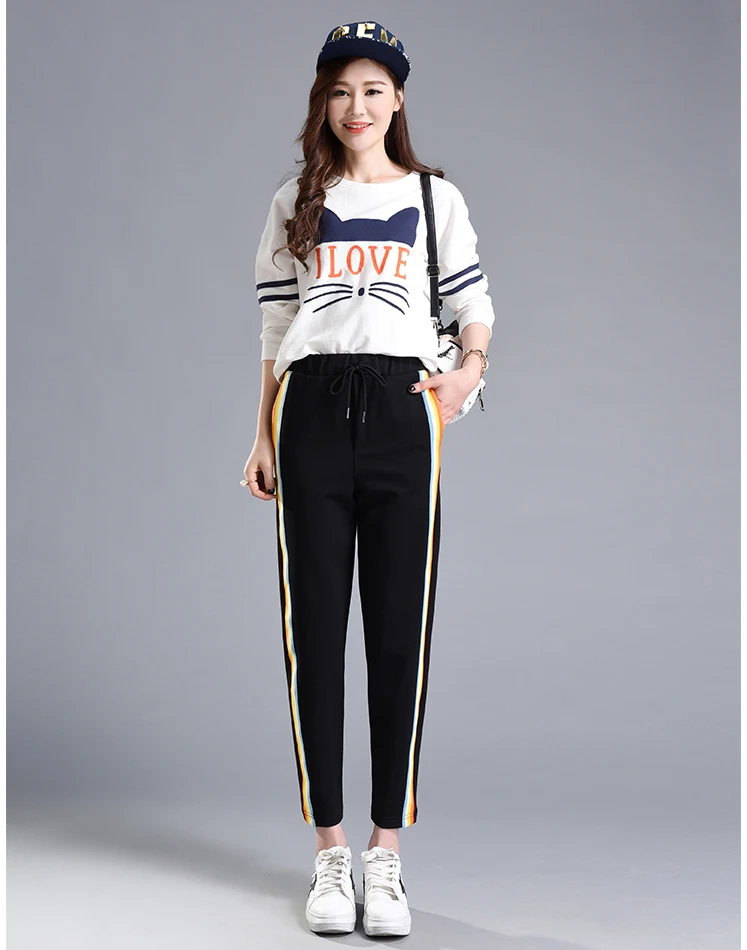 Spring Summer Women Casual Sweatpants Rainbow Striped Printed Side Pant Ladies Loose Trousers Joggers Sweat Pants