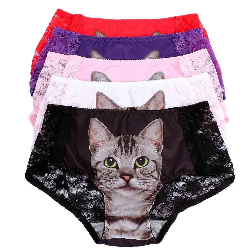 

Sexy Cats 3D Cats Pattern Nylon Briefs Personality Cartoon Cats Lace Ladies Panties Underwear For Female