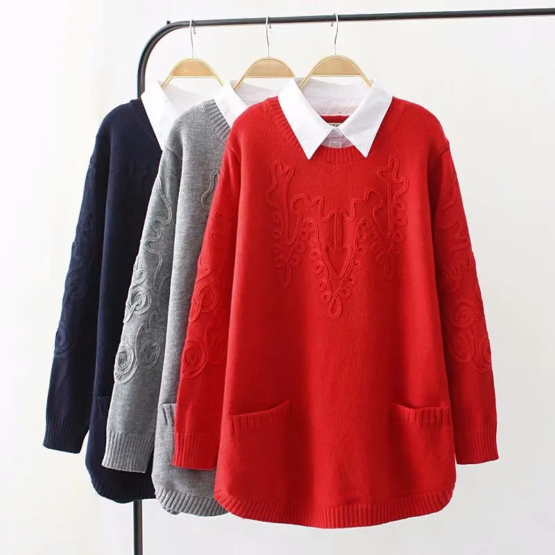 

Plus size red & dark blue & gray pockets pullovers patchwork women sweaters 2018 autumn Two false pieces ladies pull femme 4XL