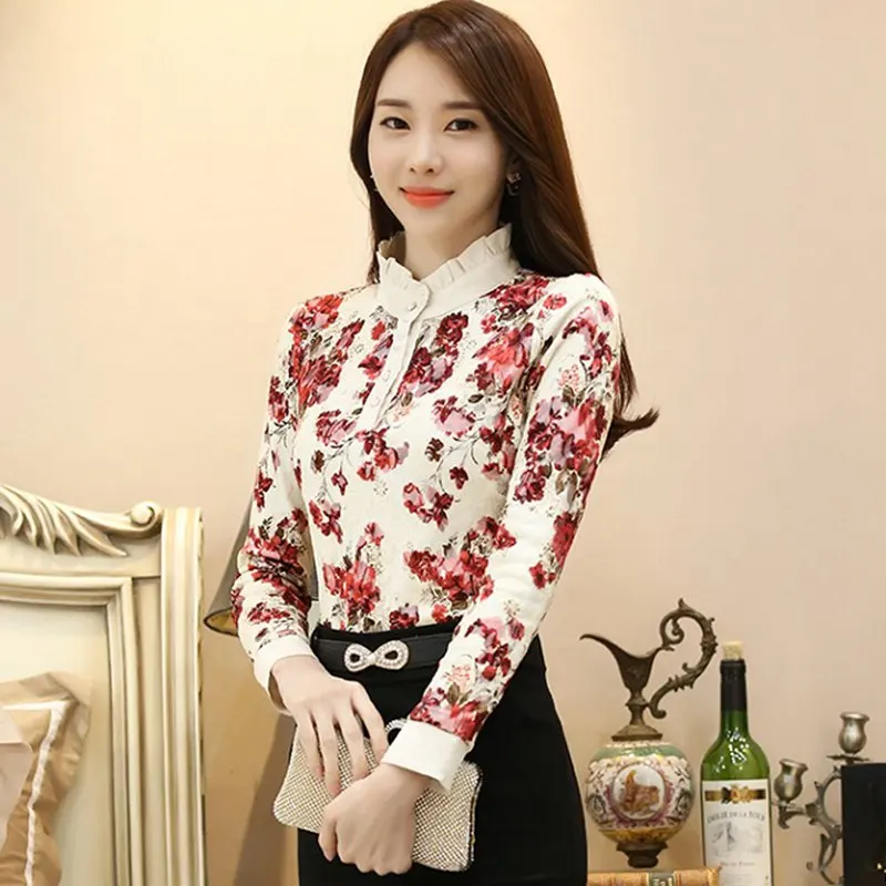 SEXMKL женские кружевные топы с принтом модные корейские осенние зимние блузки с длинным рукавом Bluas Femininas офисные женские блузки рубашки