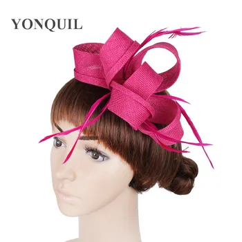 

Hot pink imitation sinamay fascinator hats women wedding with feather hair accessories ladies party headbands or multiple colors