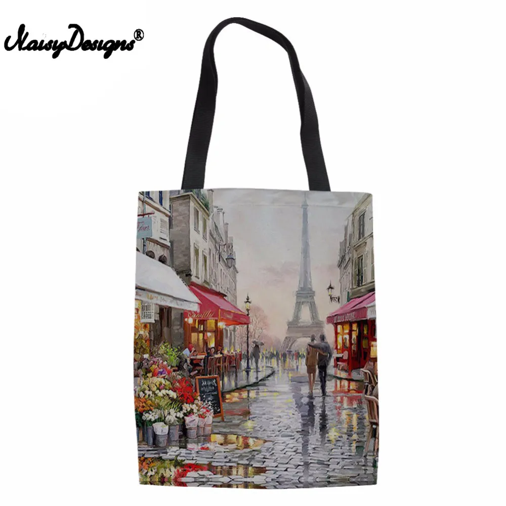 

Paris Flower Street Landscape Pattern Casual Women Tote Canvas Shoulder Bag 2018 Beach Bags Tote Feminina Shopping Bags