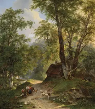 

Nice Oil painting shepherdess with sheep goat and donkey in landscape canvas