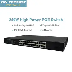 24 Порты Gigabit RJ45 + 2 Слоты SFP PoE выключатель инъектор Мощность Ethernet IEEE 802.3af для камер AP IP phone 250 W Питание