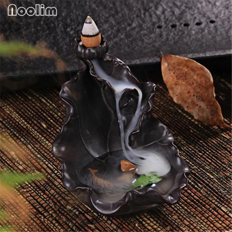 

Lotus Pond With Fish Waterfall Backflow Incense Burner Home Decor Ceramic Backflow Incense Holder Censer+20Pcs Free Cones