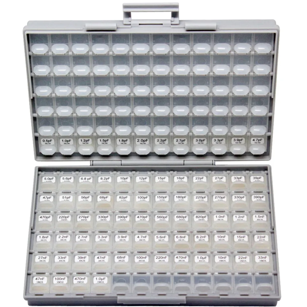 AideTek SMD 0402 엔지니어링 샘플 커패시터 키트, 75 값, X50 PCs, 0.5p, 1uF, X7R 커패시터 박스, 다양한 플라스틱 도구 상자, C0450
