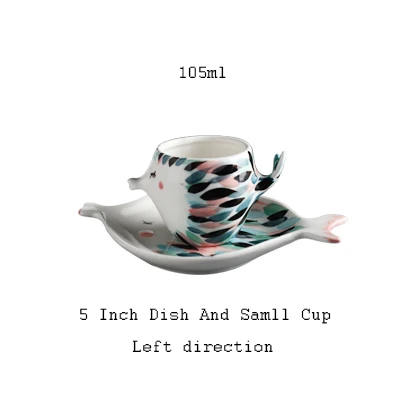 Ручная работа 3D форма рыбы керамическая чашка с блюдцем кофейная чашка набор послеобеденный черный чай фарфоровая чайная чашка пара подарок кружка с двойными стенками - Цвет: Left 105ml cup set
