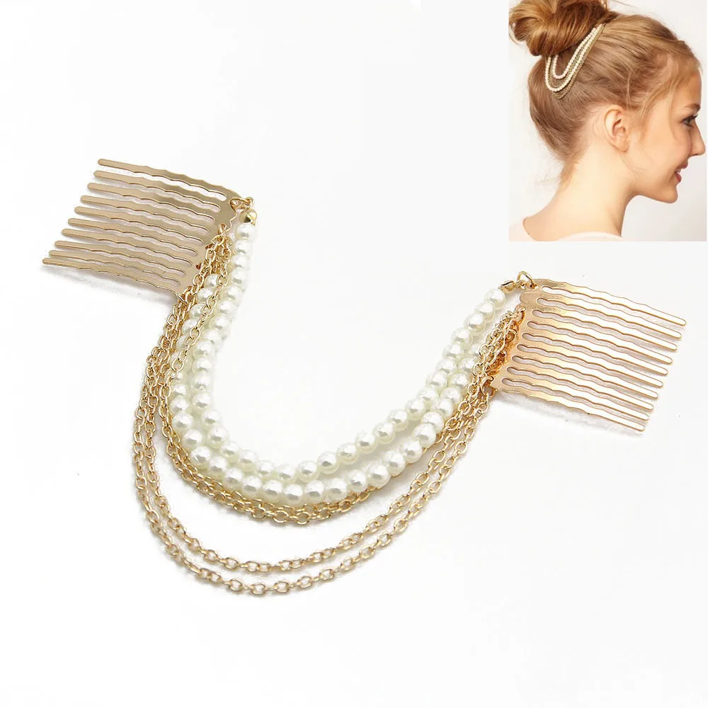 Romantic Gold Multilayer Pearl Tassel Chain Hair Comb Wedding