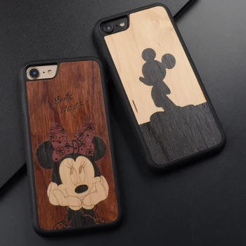 

Mickey and Minnie Mouse Splicing retro original cute wood phone case for iPhone 6 s 7 8 plus X wooden cover For Huawei P10 plus