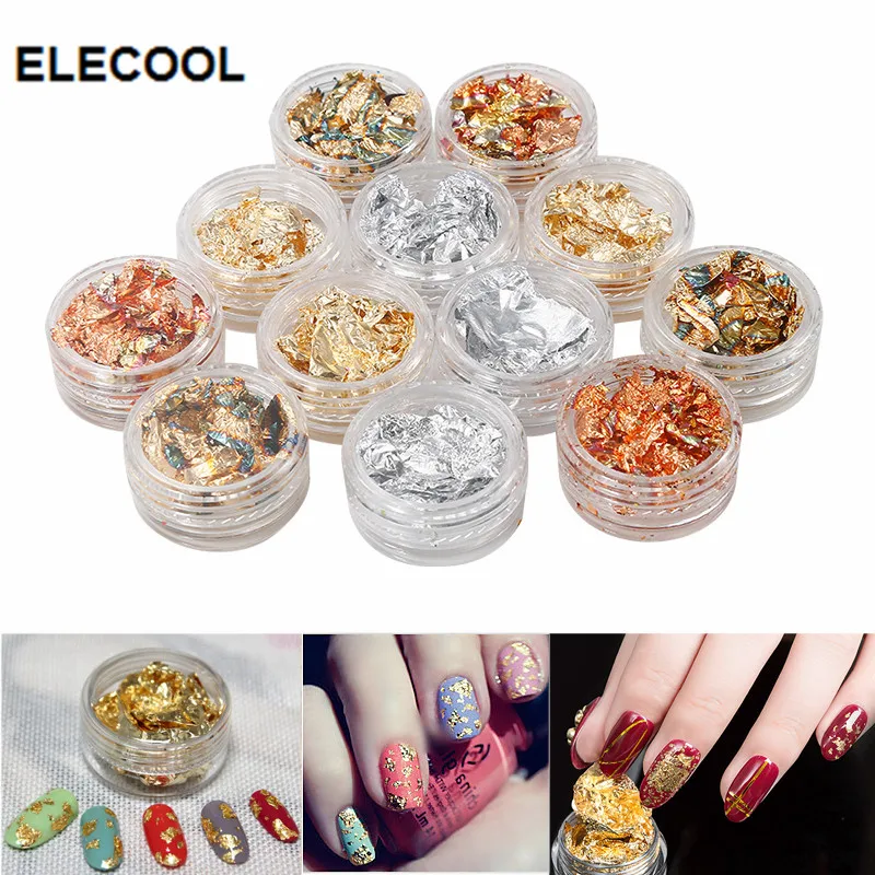 ELECOOL 12 Pot золотые наклейки для ногтей серебряный лак блестящая Фольга блестка чешуйчатый чип наклейки для дизайна ногтей советы для украшения маникюра