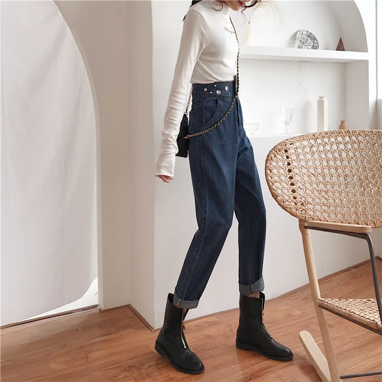 NORMOV Модные женские осенние зимние повседневные джинсы с высокой талией свободные винтажные уличные карманы пуговицы хлопковые шаровары