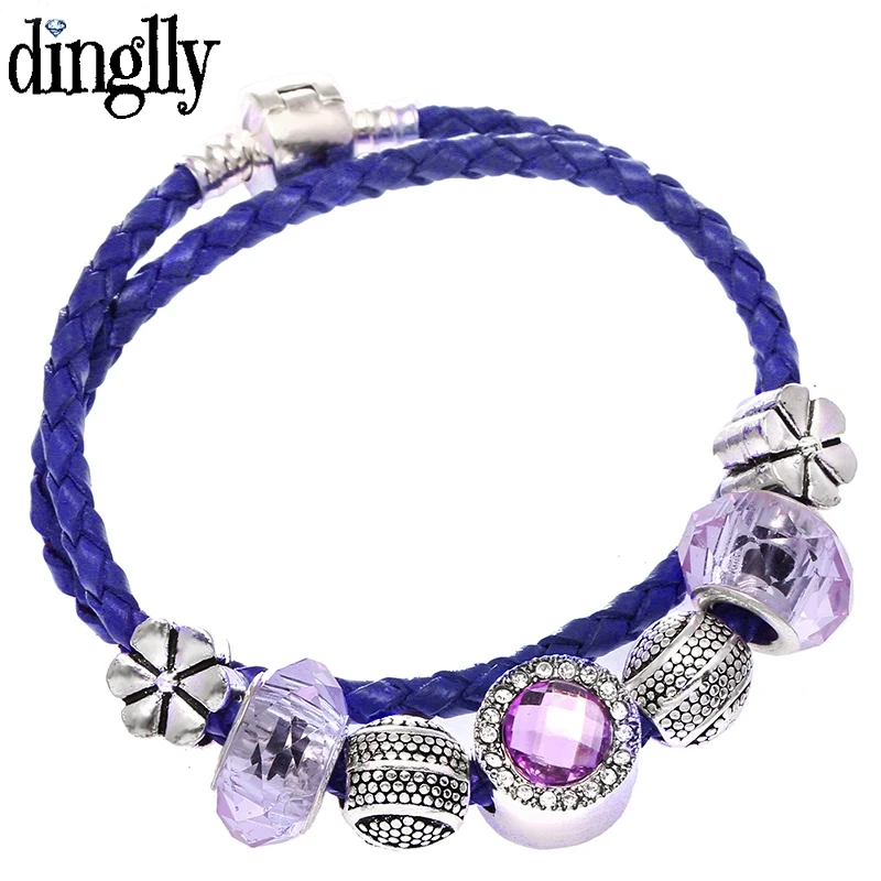 

DINGLLY Blue Woven Leather Purple Beaded Brands Bracelet For Men Women Daisy Eternal Dazzling Charm Bracelets & Bangles Gifts