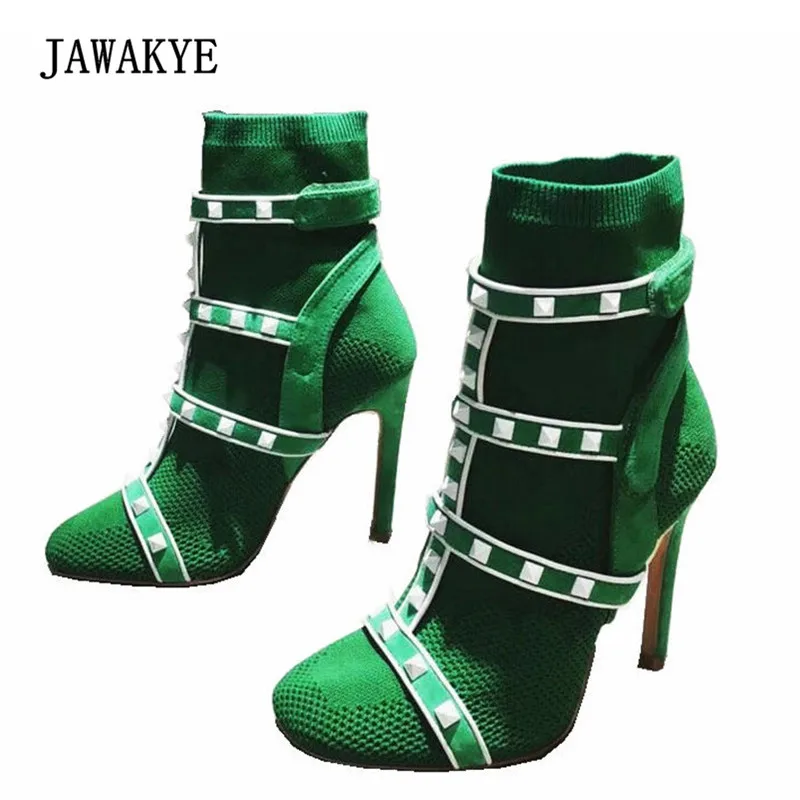 

Newest Spring Stretch Knit Sock Boots Woman Round Toe Rivet Patchwork Ankle Strap High Heel Boots Women Sexy Ankle Boot